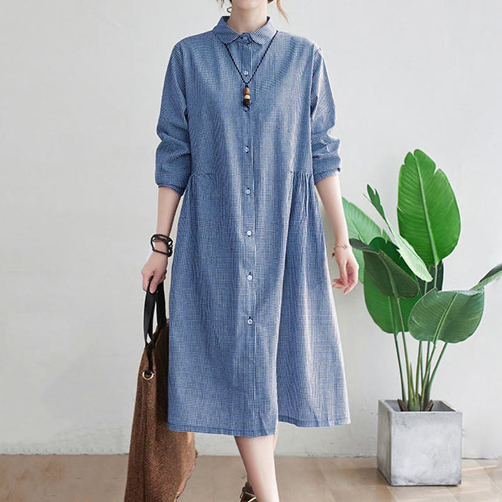 Buddha Stonesの小さな格子模様のコットンリネンのレディースミディドレス(ポケット付き) - コーンフラワーブルー - US8-10,UK/AU12-14,EU40-42 (2XL) - image 1