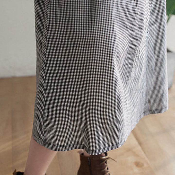 Buddha Stonesの小さな格子模様のコットンリネンのレディースミディドレス(ポケット付き) - image 17