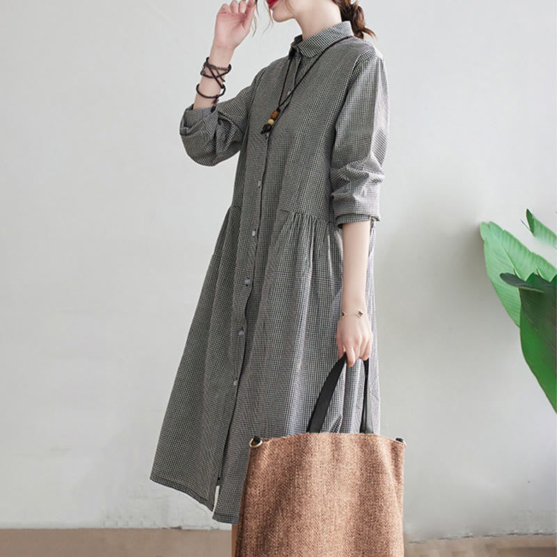 Buddha Stonesの小さな格子模様のコットンリネンのレディースミディドレス(ポケット付き) - image 13