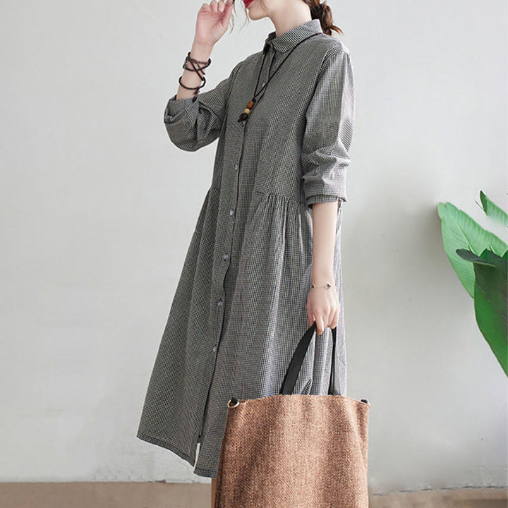 Buddha Stonesの小さな格子模様のコットンリネンのレディースミディドレス(ポケット付き) - image 13