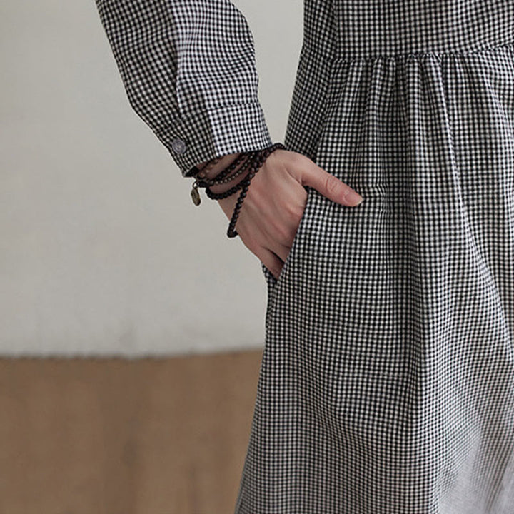 Buddha Stonesの小さな格子模様のコットンリネンのレディースミディドレス(ポケット付き) - image 15