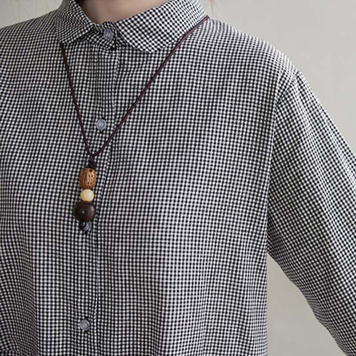 Buddha Stonesの小さな格子模様のコットンリネンのレディースミディドレス(ポケット付き) - image 14