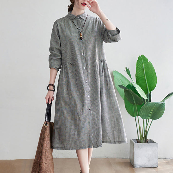 Buddha Stonesの小さな格子模様のコットンリネンのレディースミディドレス(ポケット付き) - image 11