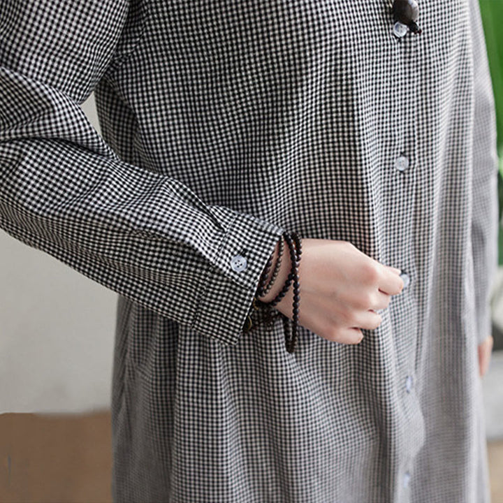 Buddha Stonesの小さな格子模様のコットンリネンのレディースミディドレス(ポケット付き) - image 16