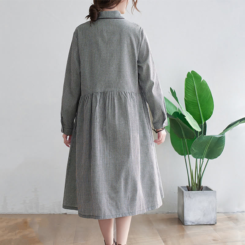 Buddha Stonesの小さな格子模様のコットンリネンのレディースミディドレス(ポケット付き) - image 6