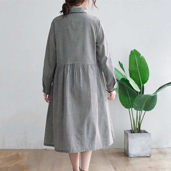 Buddha Stonesの小さな格子模様のコットンリネンのレディースミディドレス(ポケット付き) - image 6