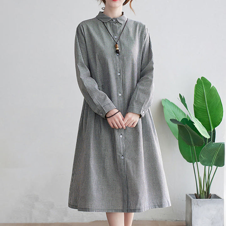 Buddha Stonesの小さな格子模様のコットンリネンのレディースミディドレス(ポケット付き) - image 12