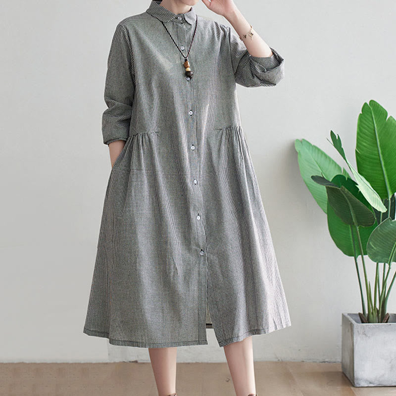 Buddha Stonesの小さな格子模様のコットンリネンのレディースミディドレス(ポケット付き) - image 7