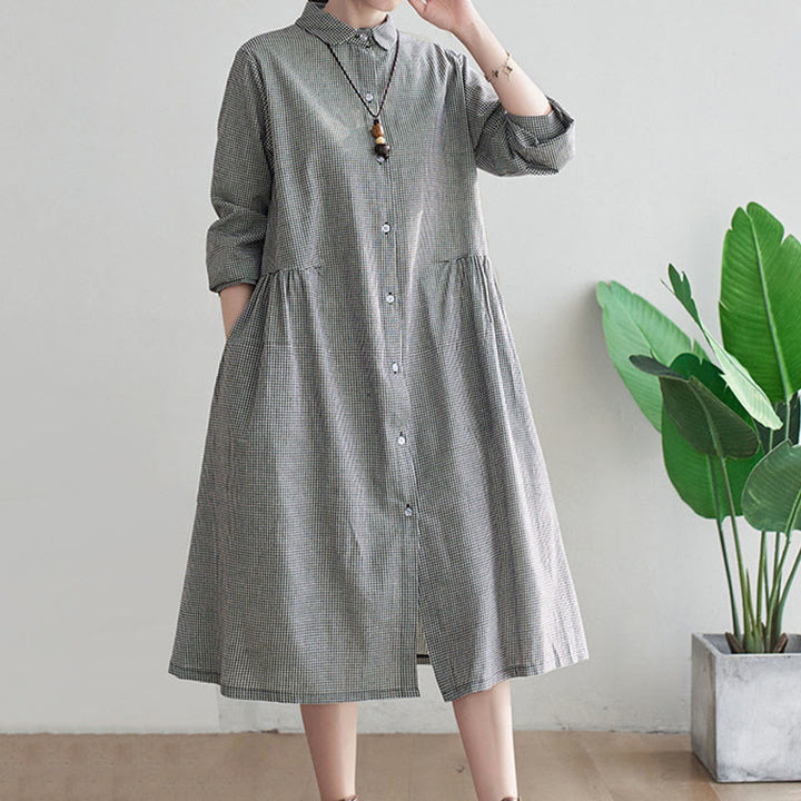 Buddha Stonesの小さな格子模様のコットンリネンのレディースミディドレス(ポケット付き) - image 7