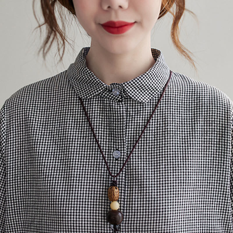 Buddha Stonesの小さな格子模様のコットンリネンのレディースミディドレス(ポケット付き) - image 18