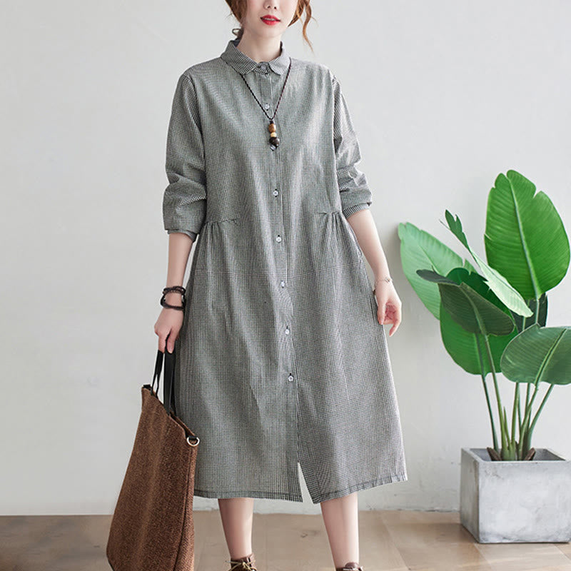 Buddha Stonesの小さな格子模様のコットンリネンのレディースミディドレス(ポケット付き) - image 10