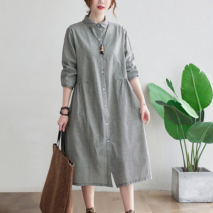 Buddha Stonesの小さな格子模様のコットンリネンのレディースミディドレス(ポケット付き) - image 10