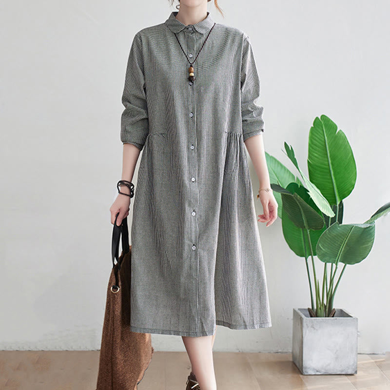 Buddha Stonesの小さな格子模様のコットンリネンのレディースミディドレス(ポケット付き) - image 8