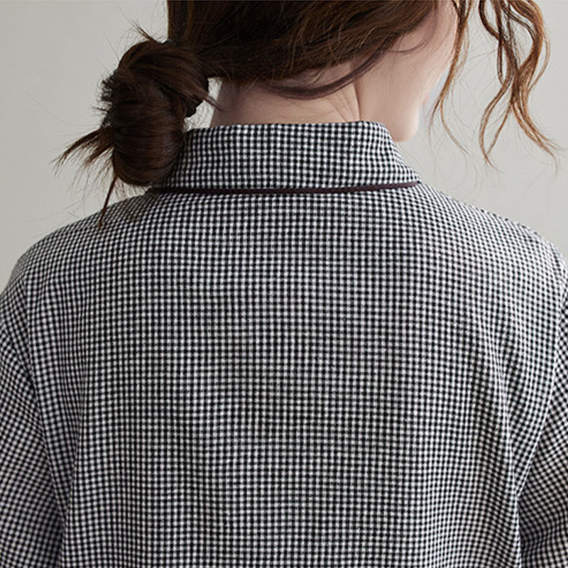 Buddha Stonesの小さな格子模様のコットンリネンのレディースミディドレス(ポケット付き) - image 19