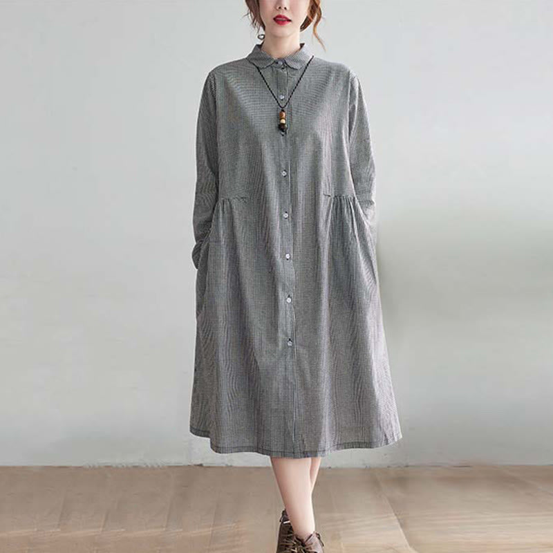 Buddha Stonesの小さな格子模様のコットンリネンのレディースミディドレス(ポケット付き) - ライトスレートグレー - US8-10,UK/AU12-14,EU40-42 (2XL) - image 4