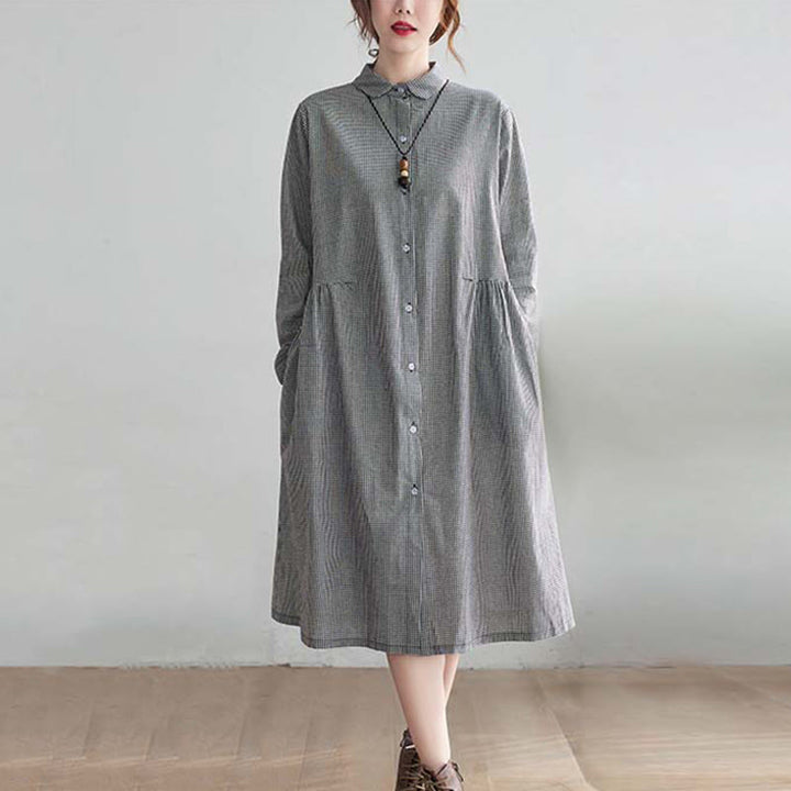 Buddha Stonesの小さな格子模様のコットンリネンのレディースミディドレス(ポケット付き) - ライトスレートグレー - US8-10,UK/AU12-14,EU40-42 (2XL) - image 4