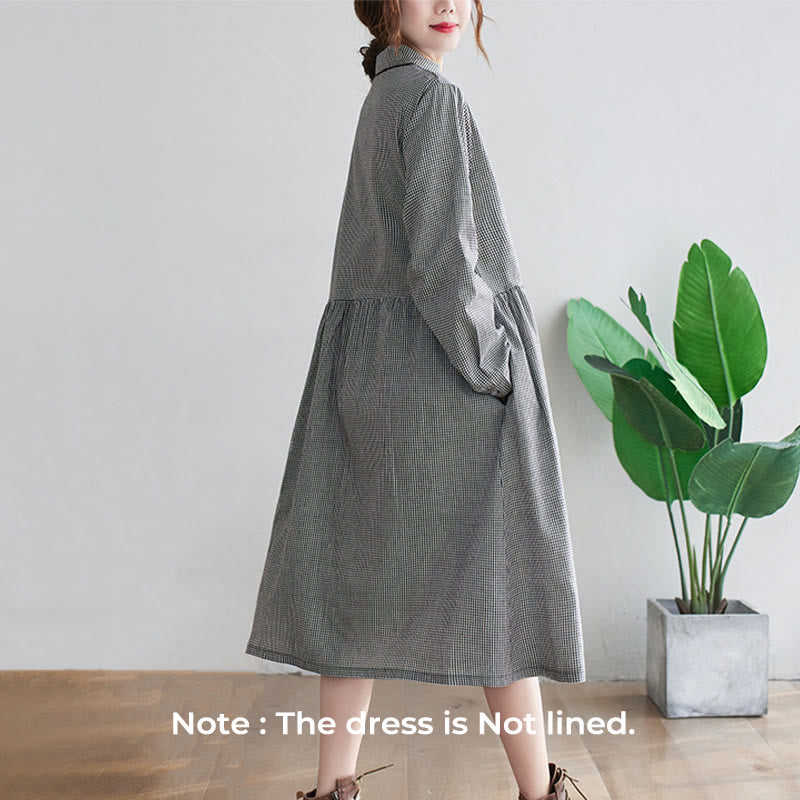 Buddha Stonesの小さな格子模様のコットンリネンのレディースミディドレス(ポケット付き) - image 5