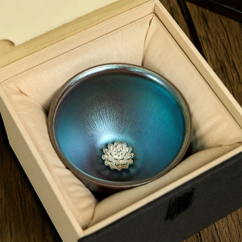 Buddha Stones手作り 中国 Jianzhan 蓮の花 ブルー パープル セラミック ティーカップ カンフー ティーカップ 150ml - image 3