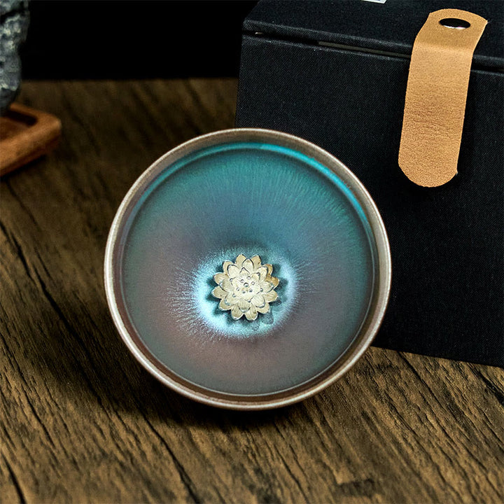 Buddha Stones手作り 中国 Jianzhan 蓮の花 ブルー パープル セラミック ティーカップ カンフー ティーカップ 150ml - image 2