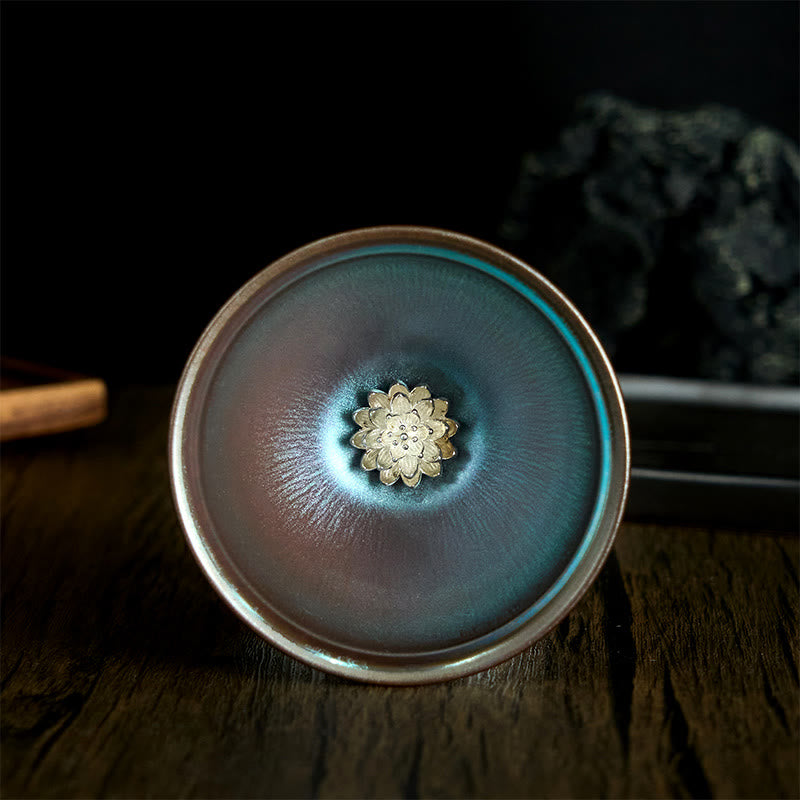 Buddha Stones手作り 中国 Jianzhan 蓮の花 ブルー パープル セラミック ティーカップ カンフー ティーカップ 150ml - 9×5cm×150ml - image 1