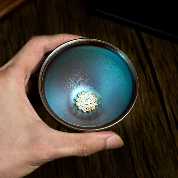 Buddha Stones手作り 中国 Jianzhan 蓮の花 ブルー パープル セラミック ティーカップ カンフー ティーカップ 150ml - image 4