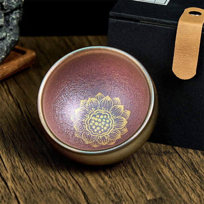 Buddha Stones手作り中国Jianzhanゴールデン蓮の花セラミックティーカップカンフーティーカップ150ml - image 2