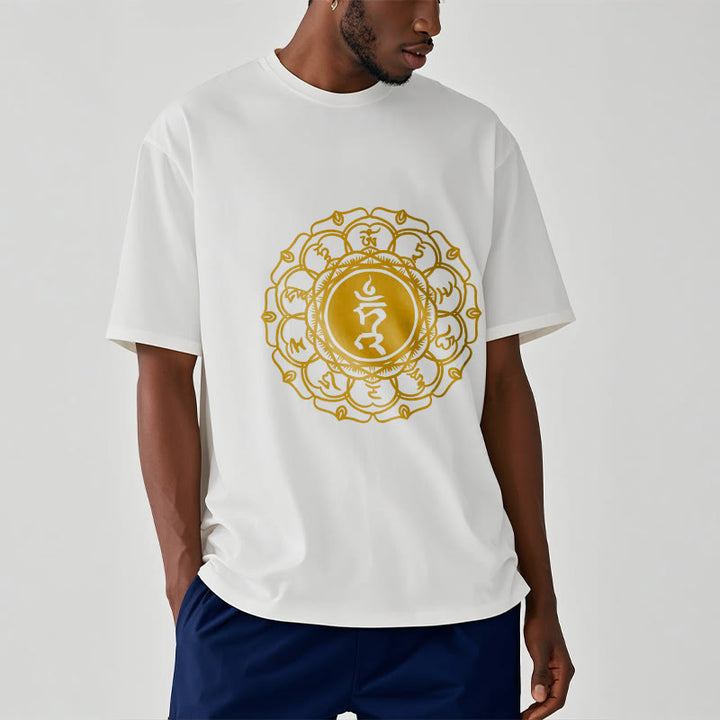 Buddha Stonesカジュアル ハムシンボル ヴィシュッダ柄 コットンTシャツ - image 2