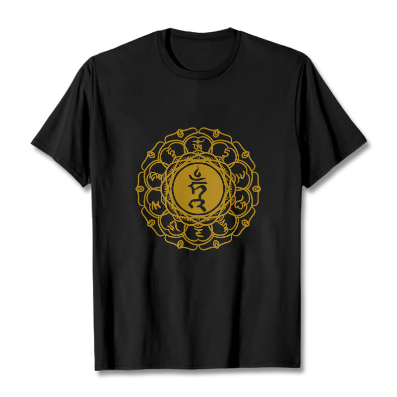 Buddha Stonesカジュアル ハムシンボル ヴィシュッダ柄 コットンTシャツ - 黒 - 2XL - image 5