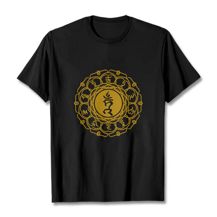 Buddha Stonesカジュアル ハムシンボル ヴィシュッダ柄 コットンTシャツ - 黒 - 2XL - image 5