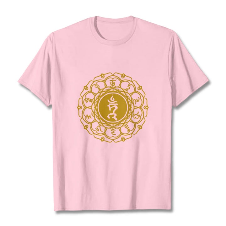 Buddha Stonesカジュアル ハムシンボル ヴィシュッダ柄 コットンTシャツ - ライトピンク - 2XL - image 13