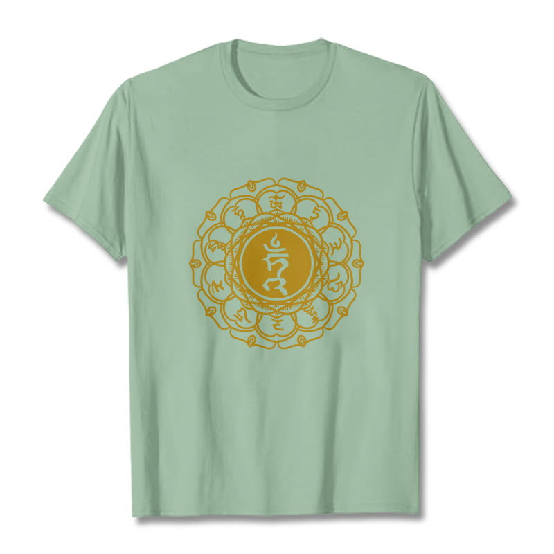 Buddha Stonesカジュアル ハムシンボル ヴィシュッダ柄 コットンTシャツ - ペールグリーン - 2XL - image 15