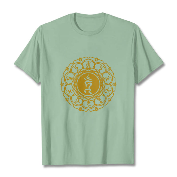 Buddha Stonesカジュアル ハムシンボル ヴィシュッダ柄 コットンTシャツ - ペールグリーン - 2XL - image 15