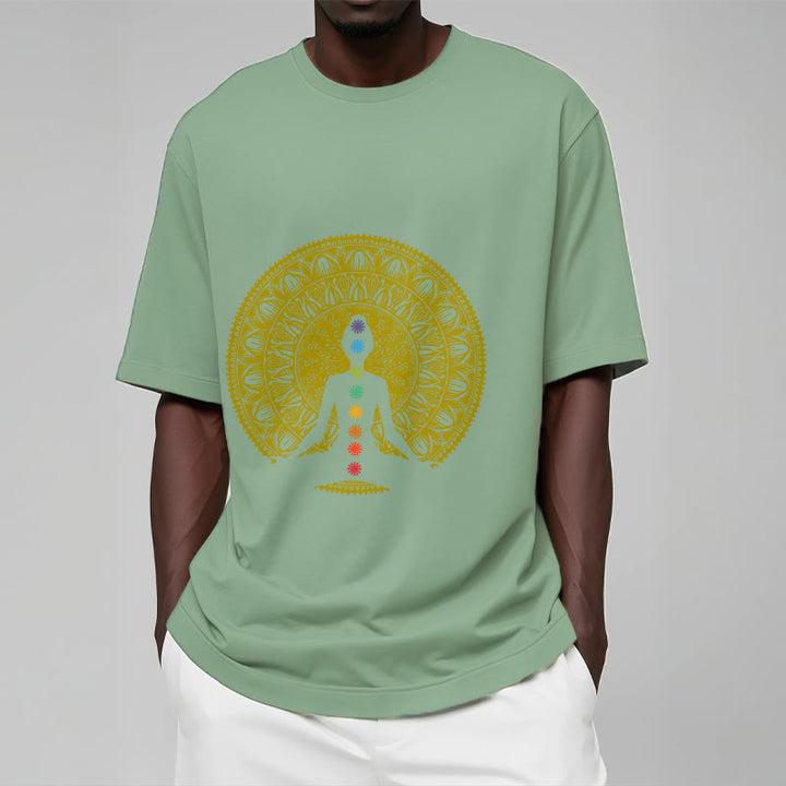 Buddha Stonesカジュアル カラフル チャクラ シンボル 黄金 瞑想 フィギュア パターン コットン Tシャツ - image 16