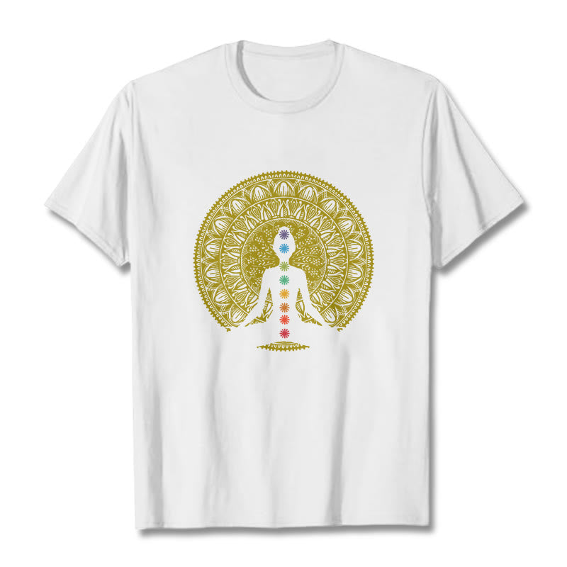Buddha Stonesカジュアル カラフル チャクラ シンボル 黄金 瞑想 フィギュア パターン コットン Tシャツ - 白 - 2XL - image 6