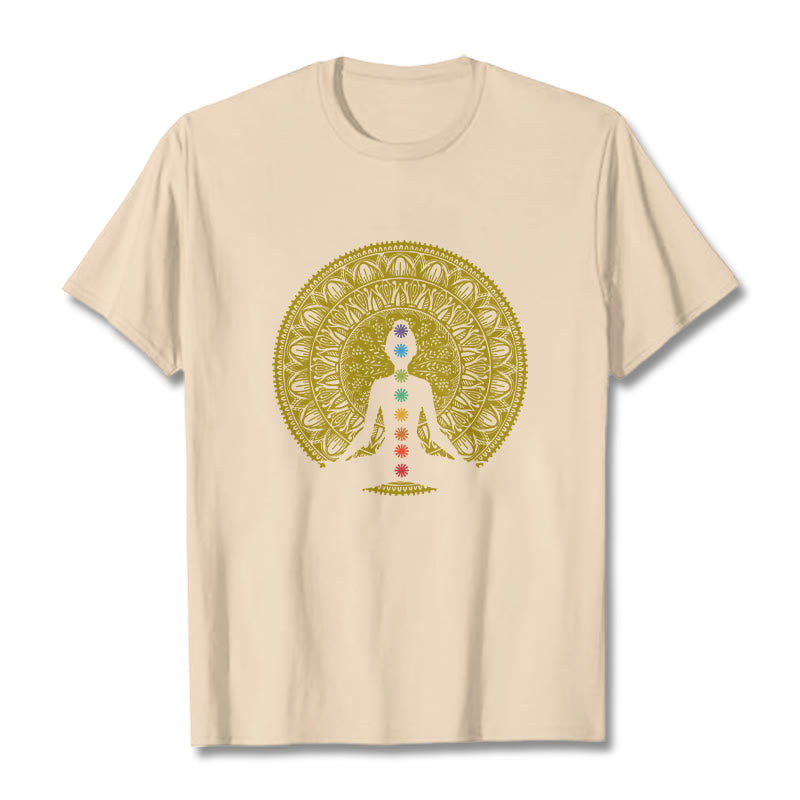 Buddha Stonesカジュアル カラフル チャクラ シンボル 黄金 瞑想 フィギュア パターン コットン Tシャツ - ビスク - 2XL - image 9