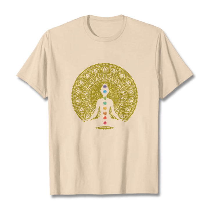 Buddha Stonesカジュアル カラフル チャクラ シンボル 黄金 瞑想 フィギュア パターン コットン Tシャツ - ビスク - 2XL - image 9