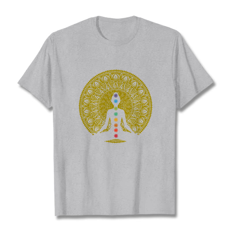 Buddha Stonesカジュアル カラフル チャクラ シンボル 黄金 瞑想 フィギュア パターン コットン Tシャツ - ライトグレー - 2XL - image 20