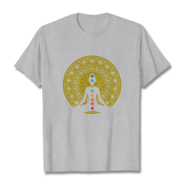 Buddha Stonesカジュアル カラフル チャクラ シンボル 黄金 瞑想 フィギュア パターン コットン Tシャツ - ライトグレー - 2XL - image 20