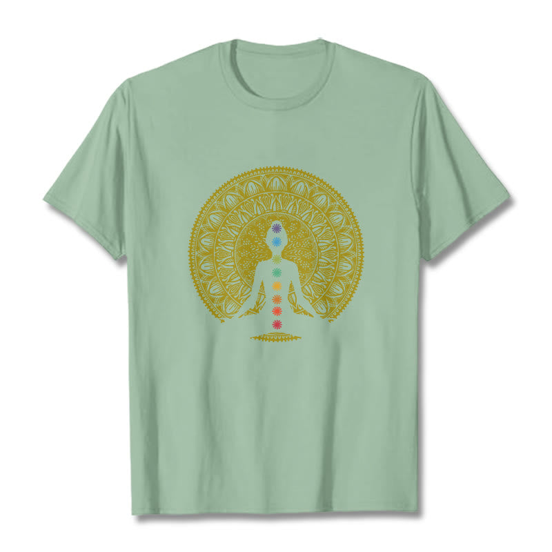 Buddha Stonesカジュアル カラフル チャクラ シンボル 黄金 瞑想 フィギュア パターン コットン Tシャツ - ペールグリーン - 2XL - image 15