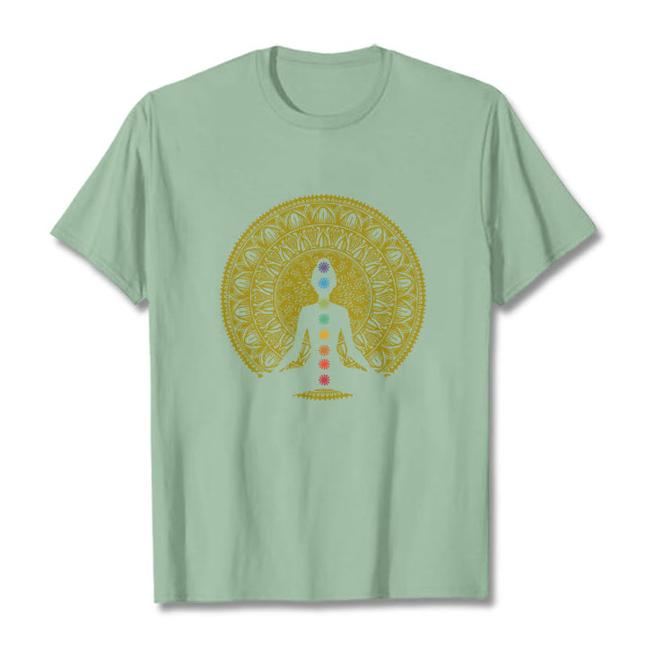 Buddha Stonesカジュアル カラフル チャクラ シンボル 黄金 瞑想 フィギュア パターン コットン Tシャツ - ペールグリーン - 2XL - image 15