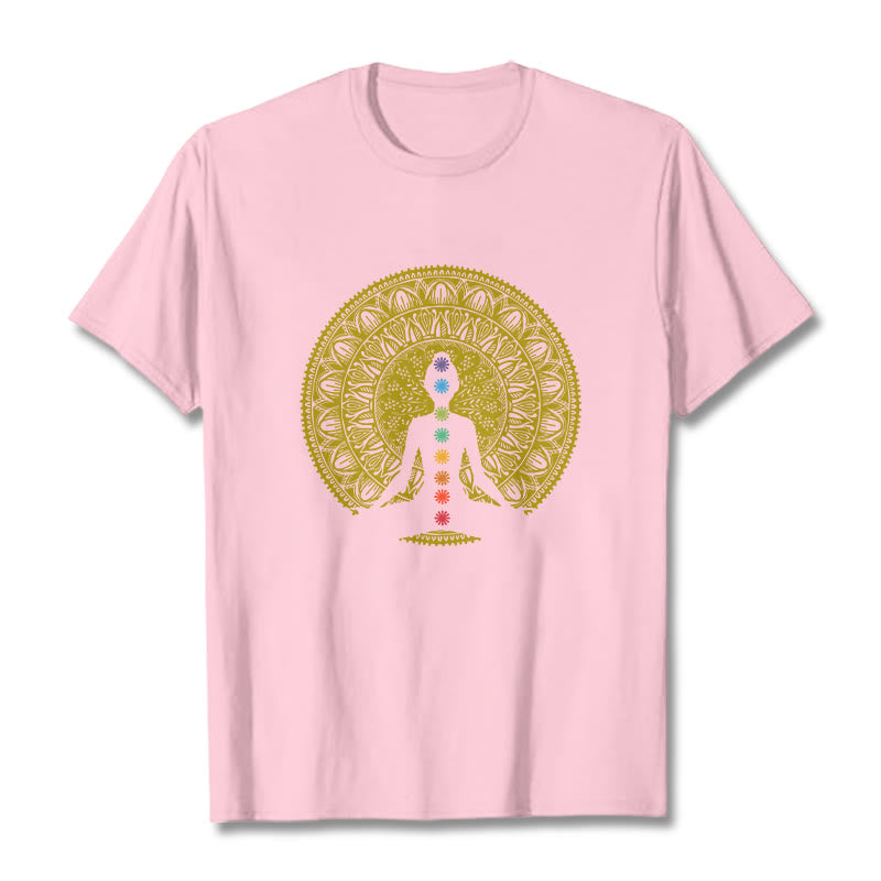 Buddha Stonesカジュアル カラフル チャクラ シンボル 黄金 瞑想 フィギュア パターン コットン Tシャツ - ライトピンク - 2XL - image 13