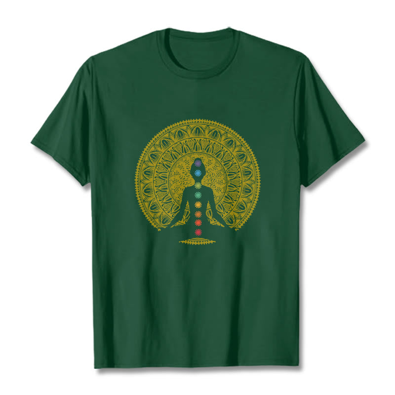 Buddha Stonesカジュアル カラフル チャクラ シンボル 黄金 瞑想 フィギュア パターン コットン Tシャツ - フォレストグリーン - 2XL - image 11