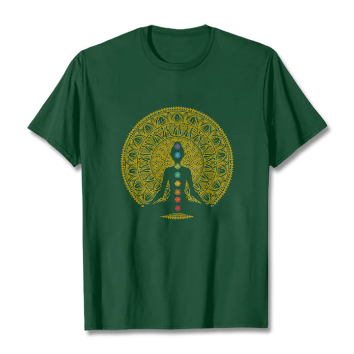 Buddha Stonesカジュアル カラフル チャクラ シンボル 黄金 瞑想 フィギュア パターン コットン Tシャツ - フォレストグリーン - 2XL - image 11