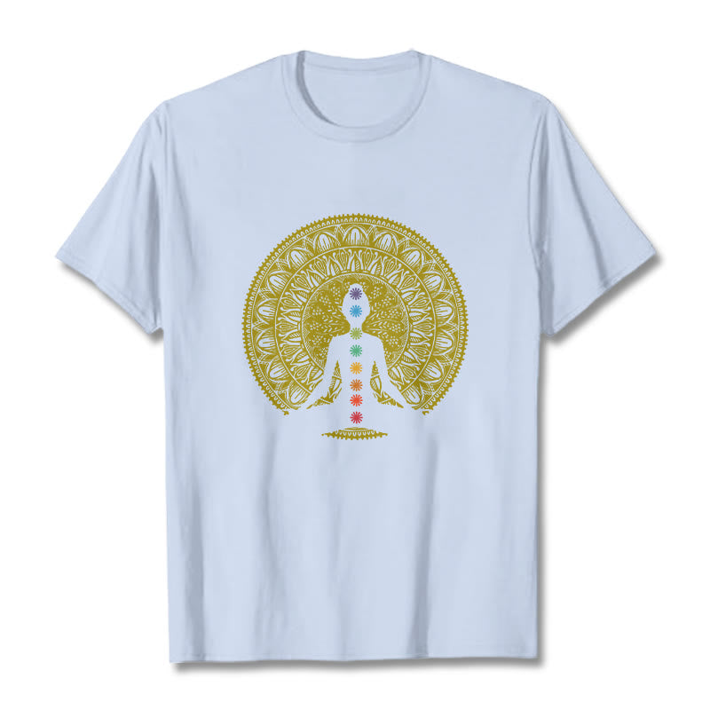 Buddha Stonesカジュアル カラフル チャクラ シンボル 黄金 瞑想 フィギュア パターン コットン Tシャツ - ライトシアン - 2XL - image 19