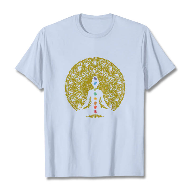 Buddha Stonesカジュアル カラフル チャクラ シンボル 黄金 瞑想 フィギュア パターン コットン Tシャツ - ライトシアン - 2XL - image 19