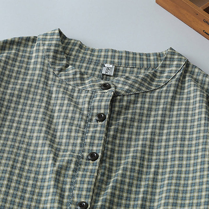 Buddha Stonesカジュアル チェック柄 ボタン ランタン 長袖 コットン ミディドレス - image 3