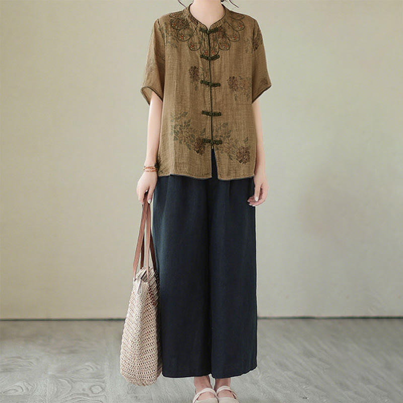 Buddha Stonesパープルフラワープリントカエルボタンデザインシャツ - image 11