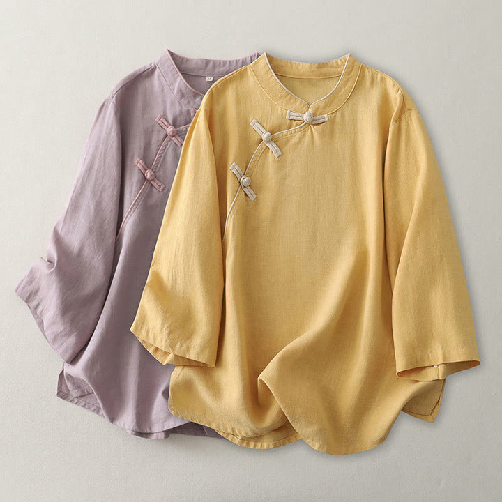 Buddha Stones無地 斜めボタン コットンリネン レディース シャツ - image 8