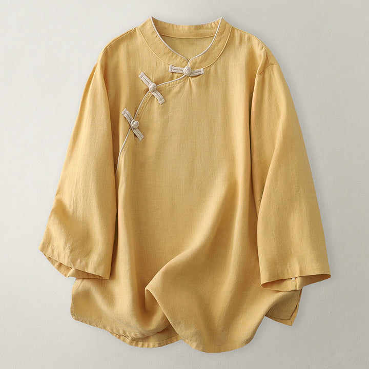 Buddha Stones無地 斜めボタン コットンリネン レディース シャツ - 金 - US12、 UK/AU16、 EU44 (2XL) - image 1