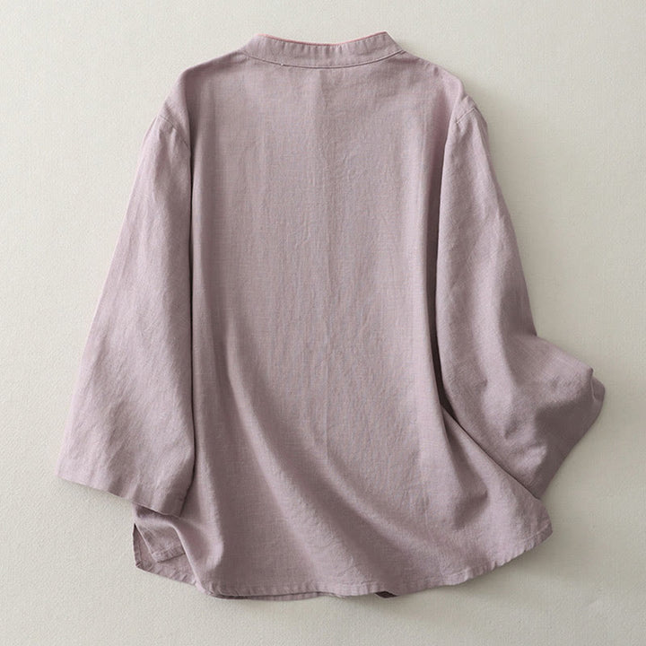 Buddha Stones無地 斜めボタン コットンリネン レディース シャツ - image 4